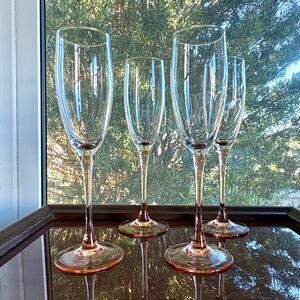 Vintage Luminarc France Champagne Flutes Pink Stem Clear Glass Set of 4